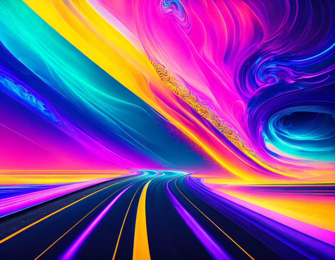 Colorful Abstract Artwork with Swirling Pink, Blue, & Yellow Patterns