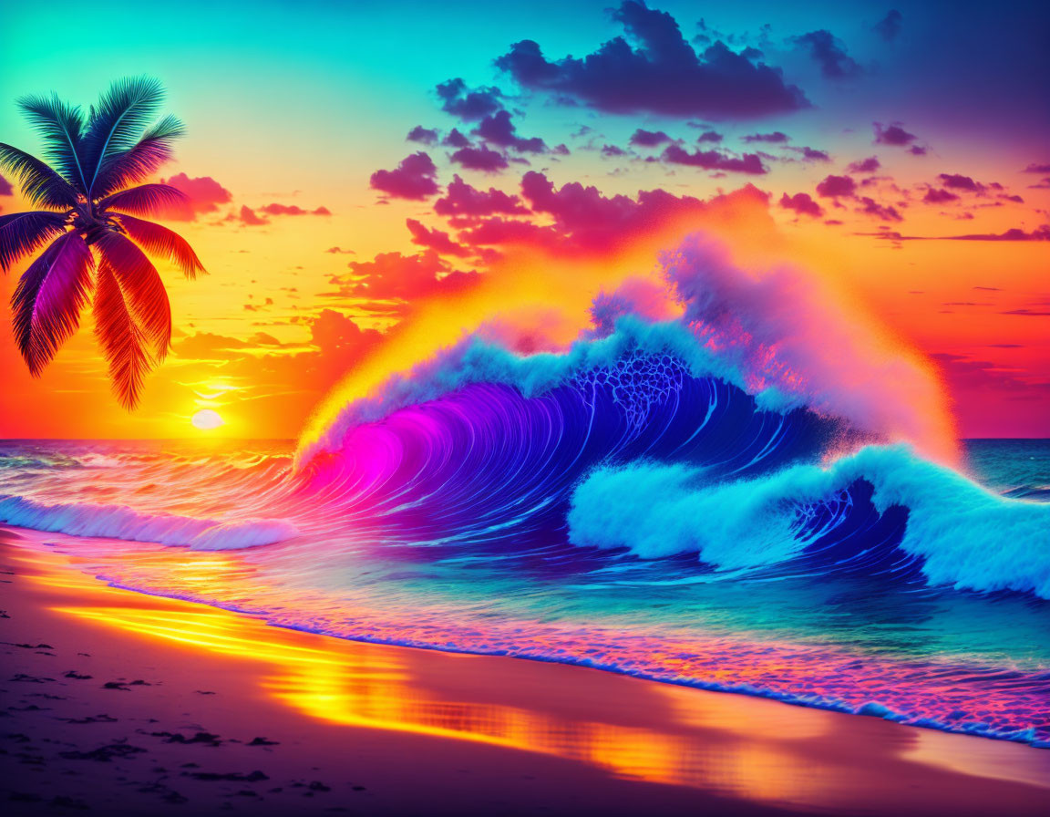Tropical beach sunset with curling wave and palm tree silhouette