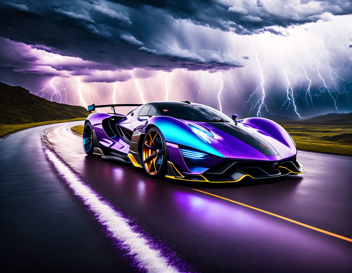 Vibrant purple and orange sports car on winding road under stormy sky