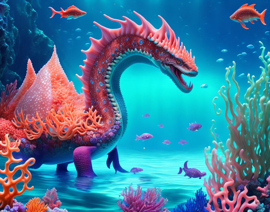 Colorful Underwater Scene: Mythical Sea Dragon, Coral Reefs, Small Fish