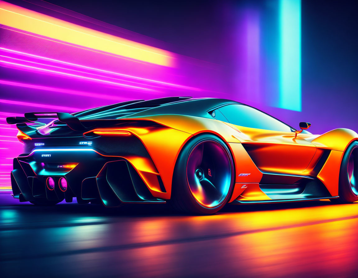 Sleek Orange Sports Car with Neon Light Streaks