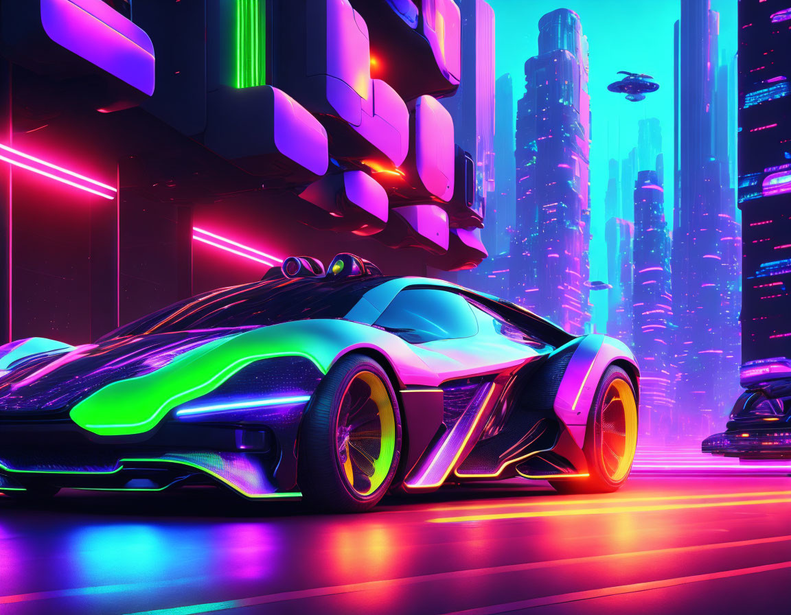 Futuristic sports car in neon-lit cityscape with skyscrapers