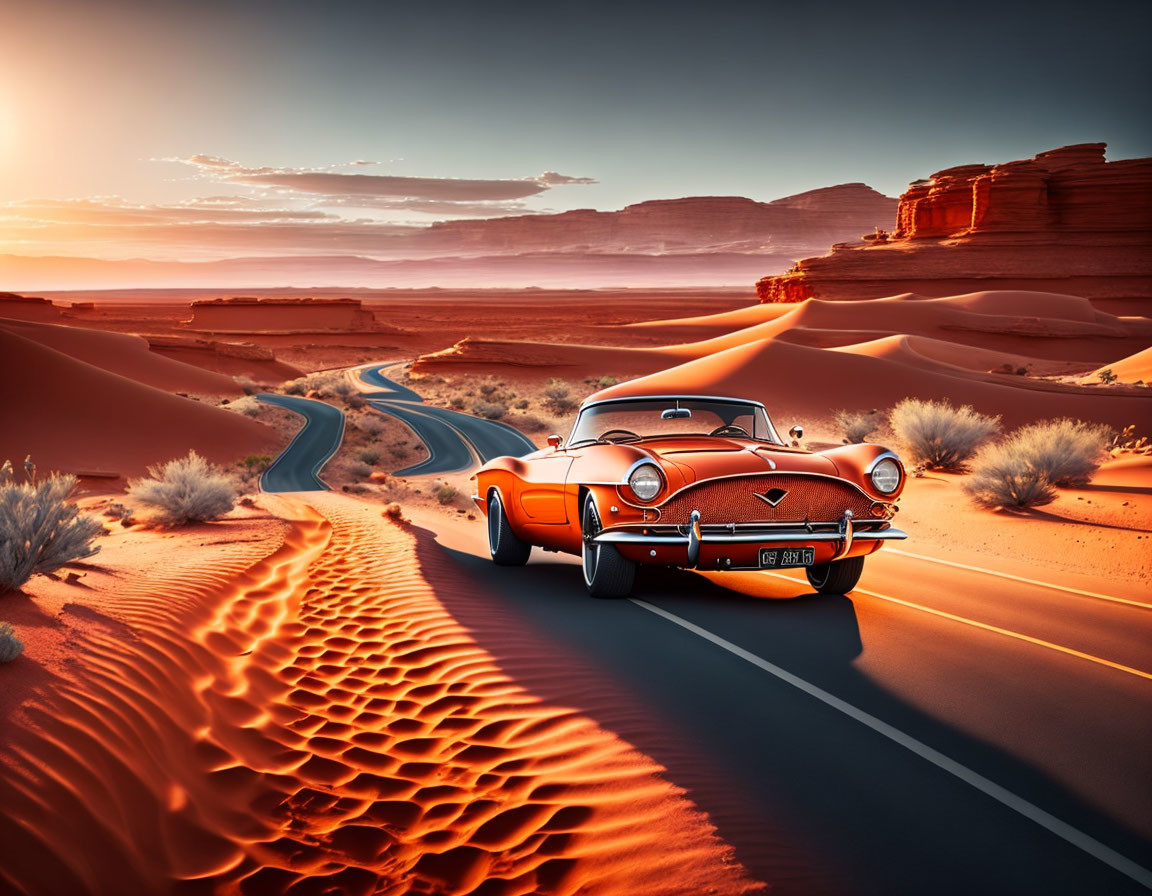 Vintage Orange Car Parked by Desert Road at Sunset