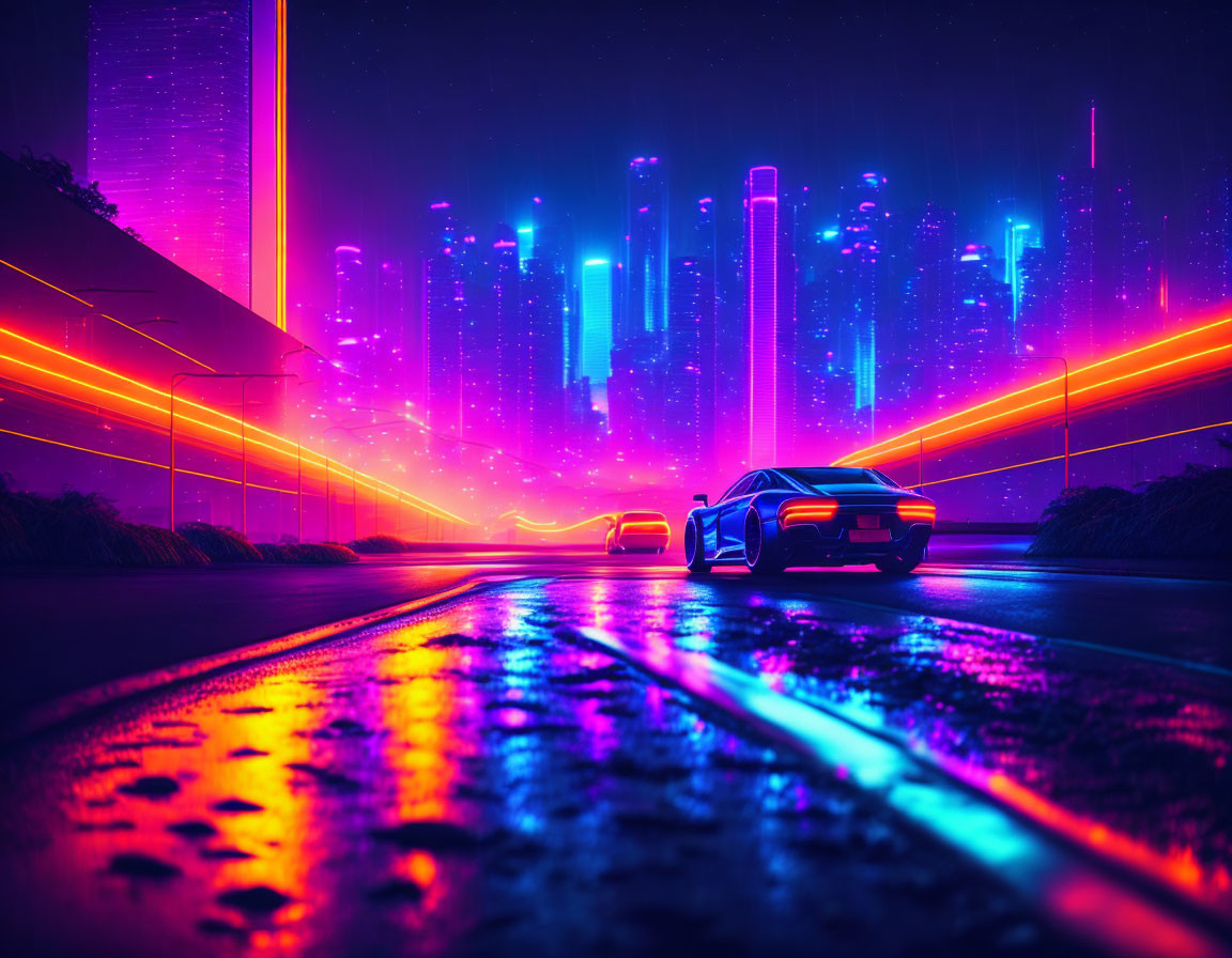 Futuristic night cityscape with neon lights, sleek cars, and skyscrapers