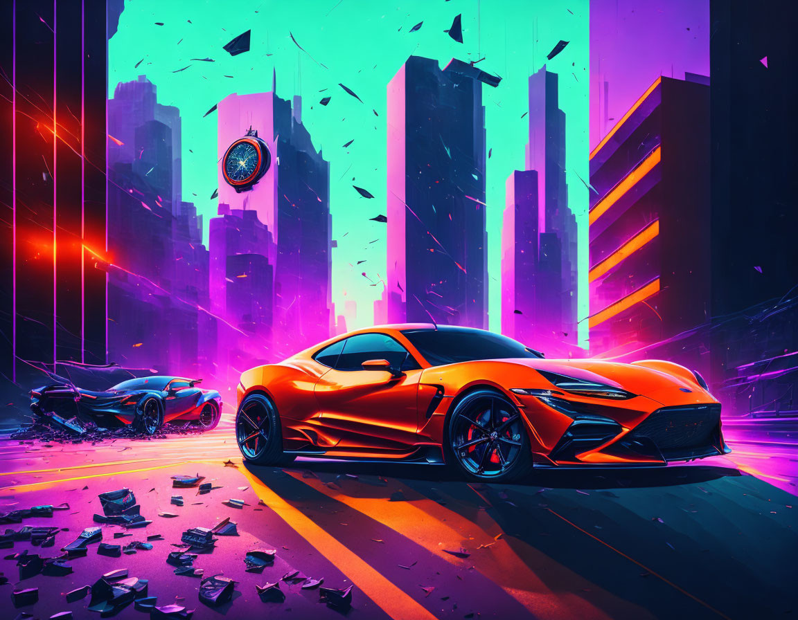 Futuristic cyberpunk cityscape with neon lights and sports cars