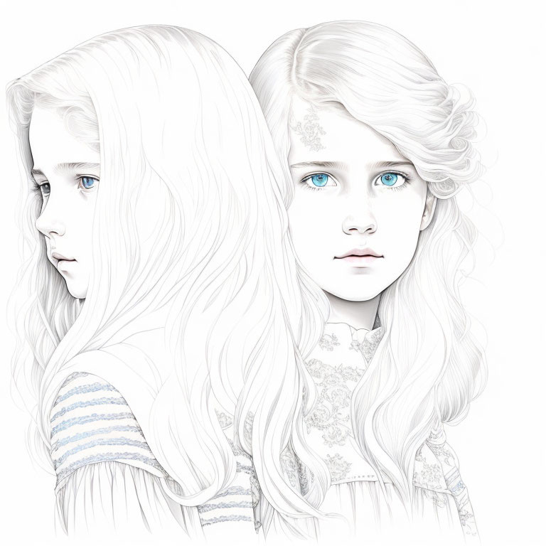 Pencil-drawn image: Twin girls with flowing hair