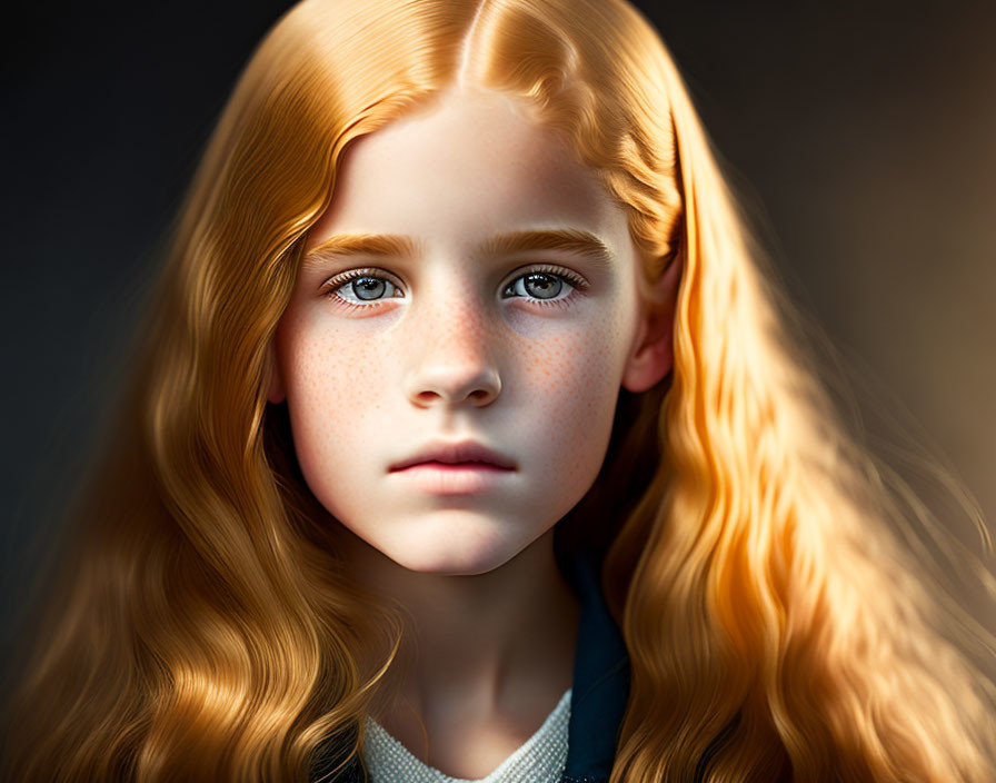 Portrait of young girl with wavy golden hair and freckles