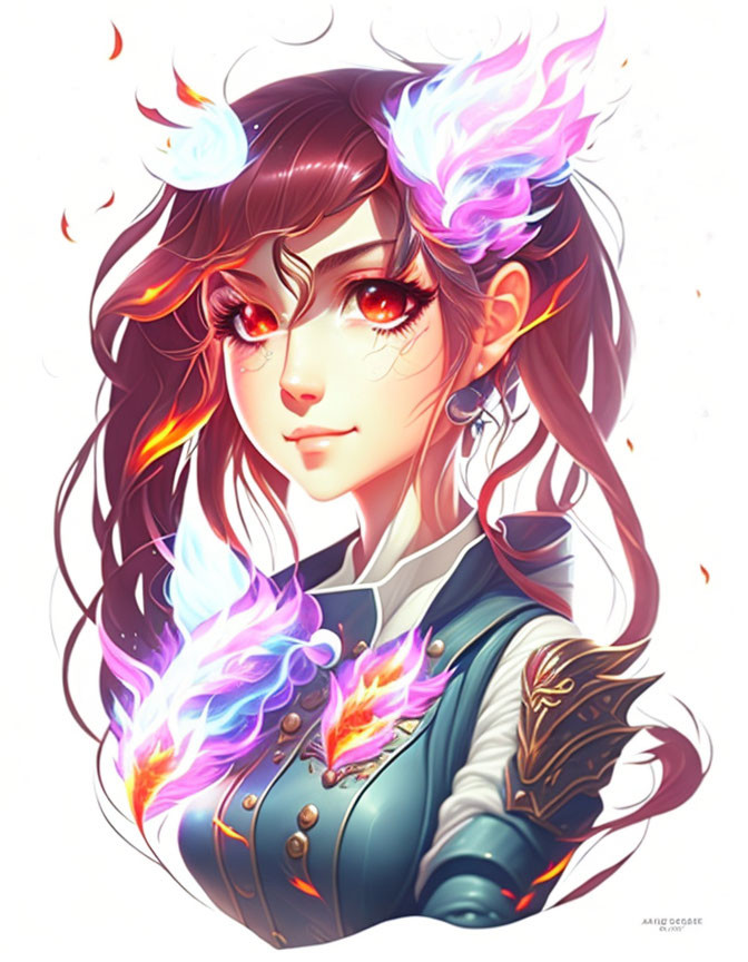 Illustrated female character with red eyes, long brown hair, mystical blue flames, ornate jacket.