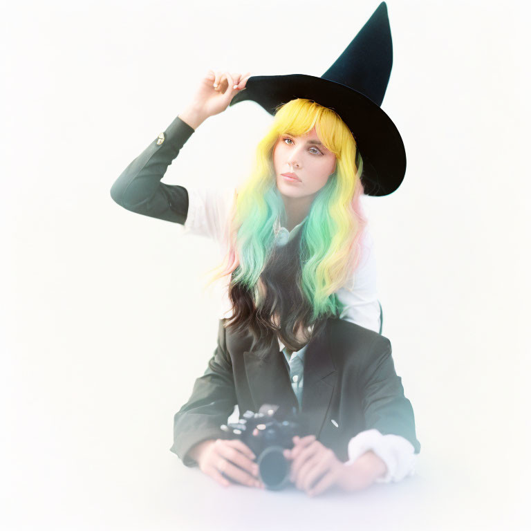 Rainbow-haired person in witch hat with camera, black blazer, white background