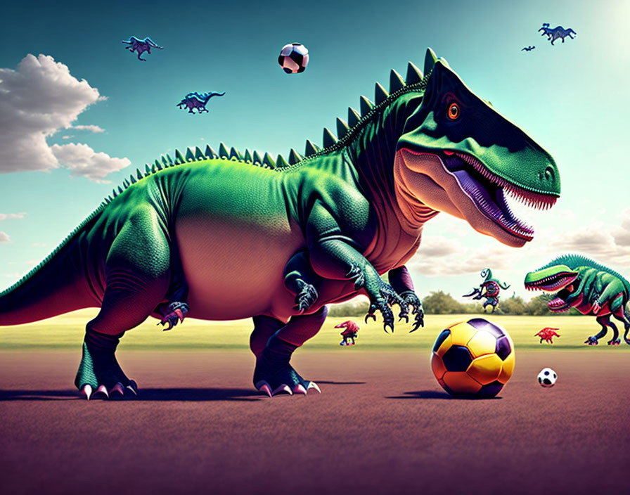 dinosaurs playing soccer