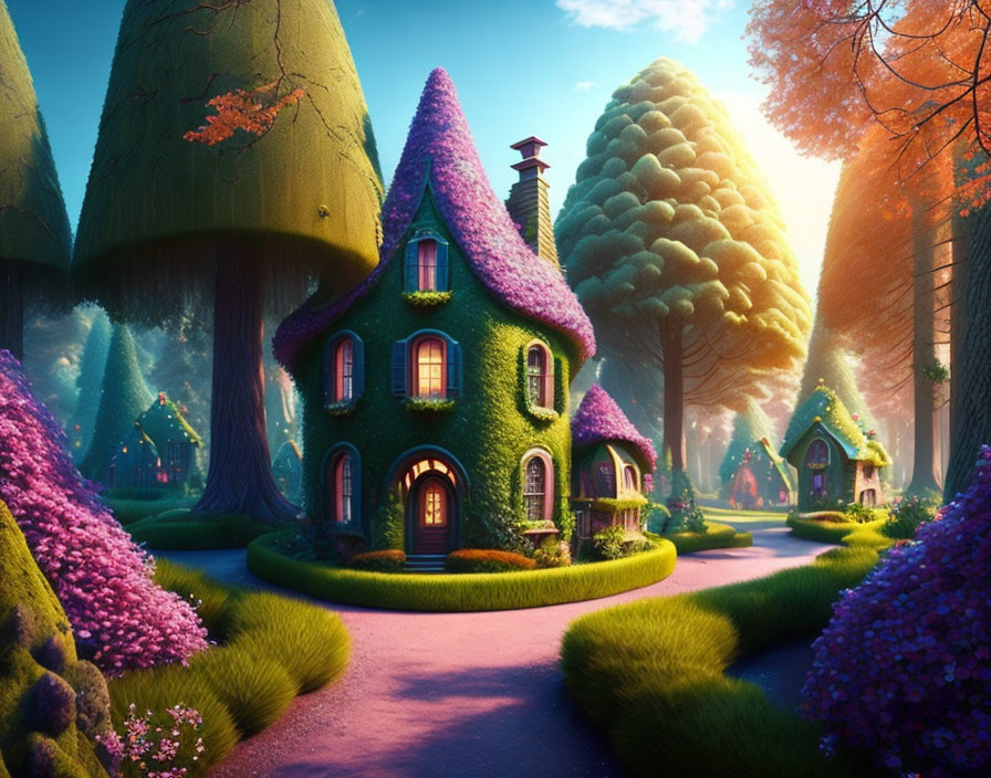 Vibrant fantasy landscape with oversized flora and moss-covered cottages