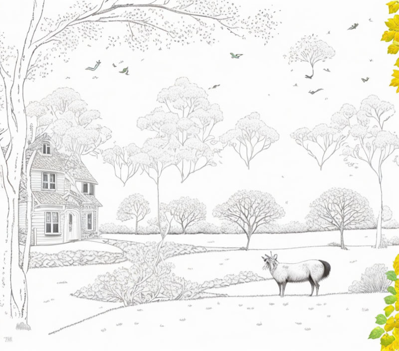 Monochrome pastoral drawing with trees, house, birds, and goat