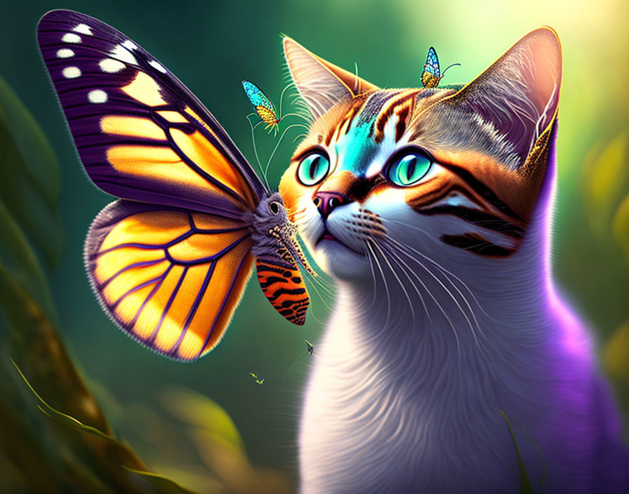 Colorful digital artwork: Cat with butterfly face markings and butterfly on nose in mystical setting