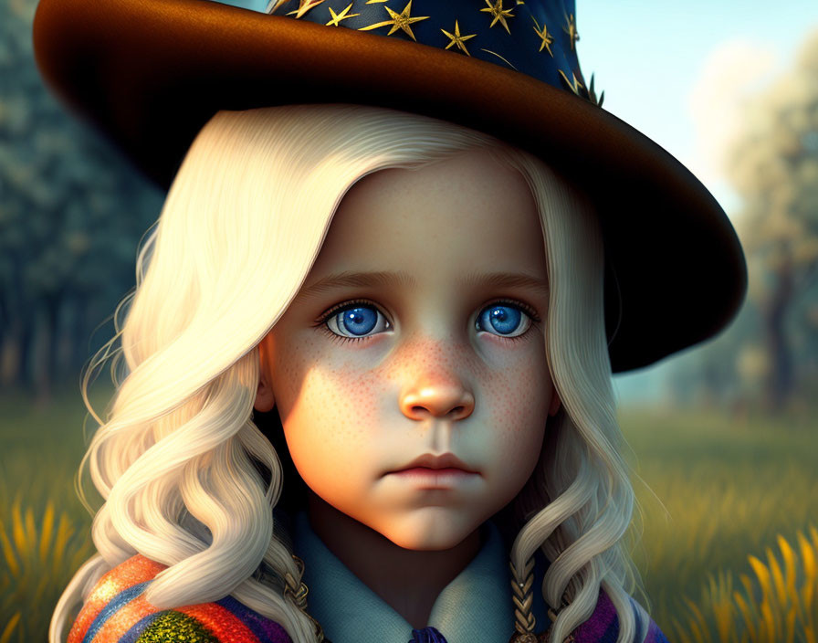 Young child with blue eyes in star hat on sunlit meadow