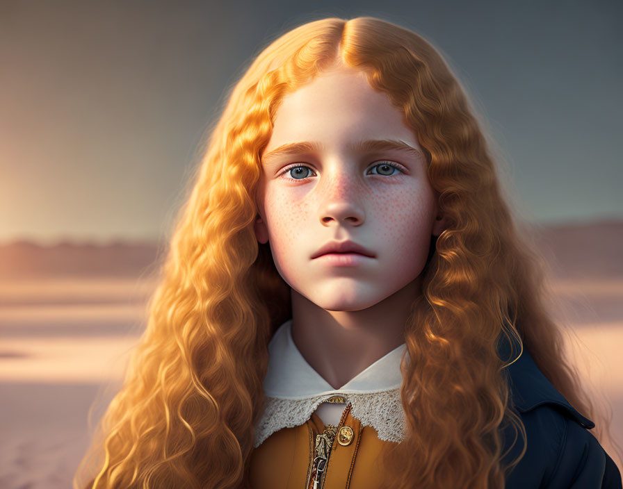 Young girl with red hair and freckles in yellow dress and navy coat against sunset.