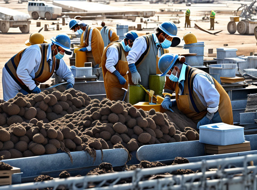 Workers in Helmets Sorting Agricultural Products on Conveyor Belt
