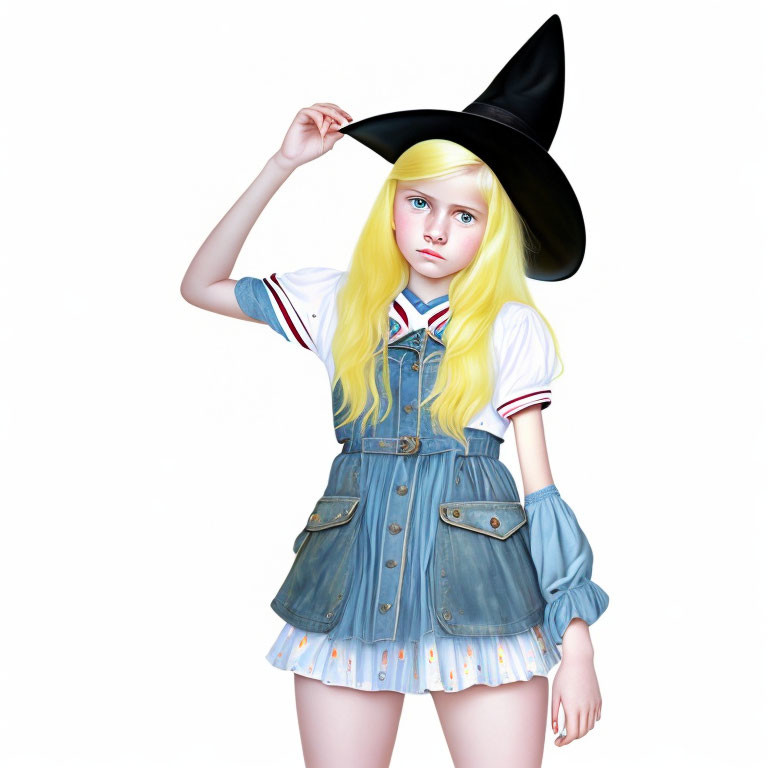 Blonde girl in witch's hat with denim skirt and striped sleeves