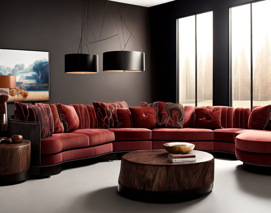 Spacious modern living room with red sectional sofa, dark walls, circular coffee table, pendant lamps,
