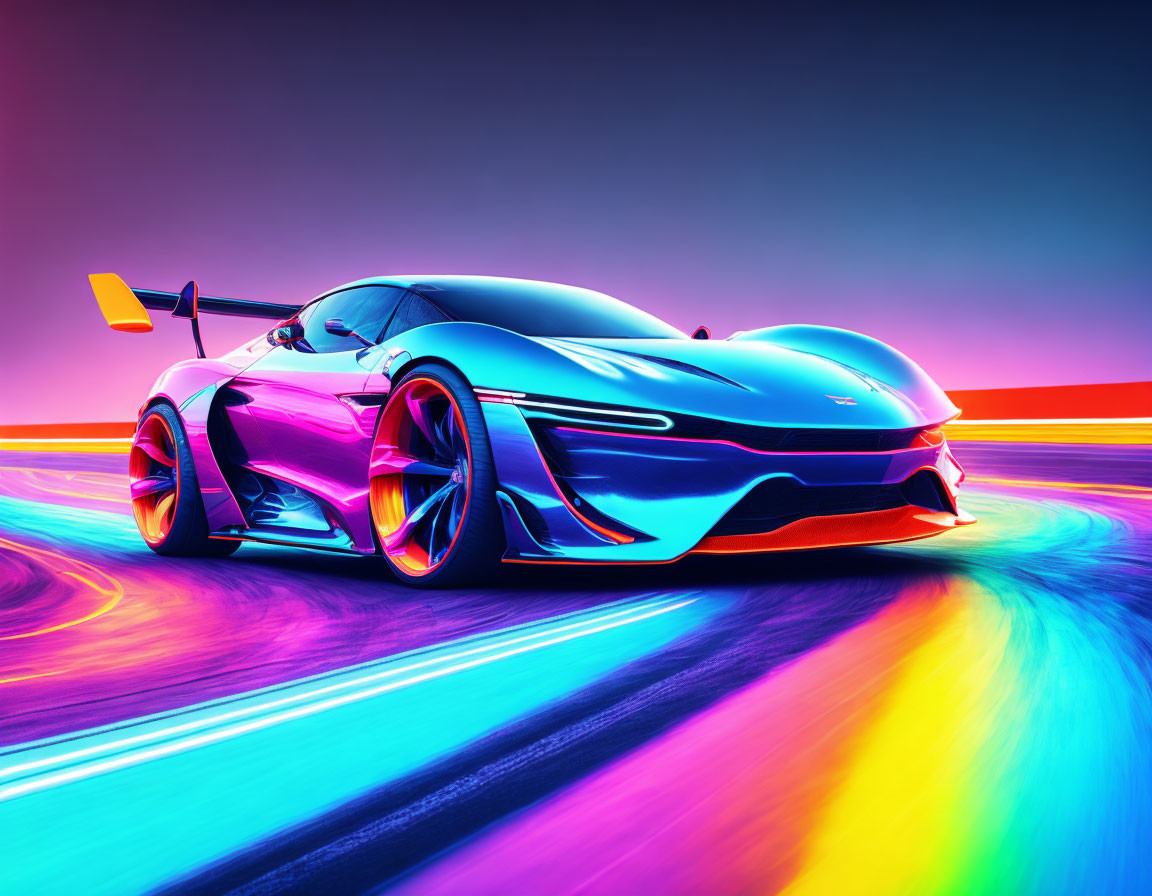 Neon-colored sports car with rear spoiler on psychedelic background