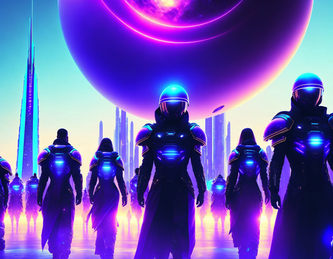 Futuristic soldiers in glowing blue armor under an alien sky with a purple planet in a neon-l