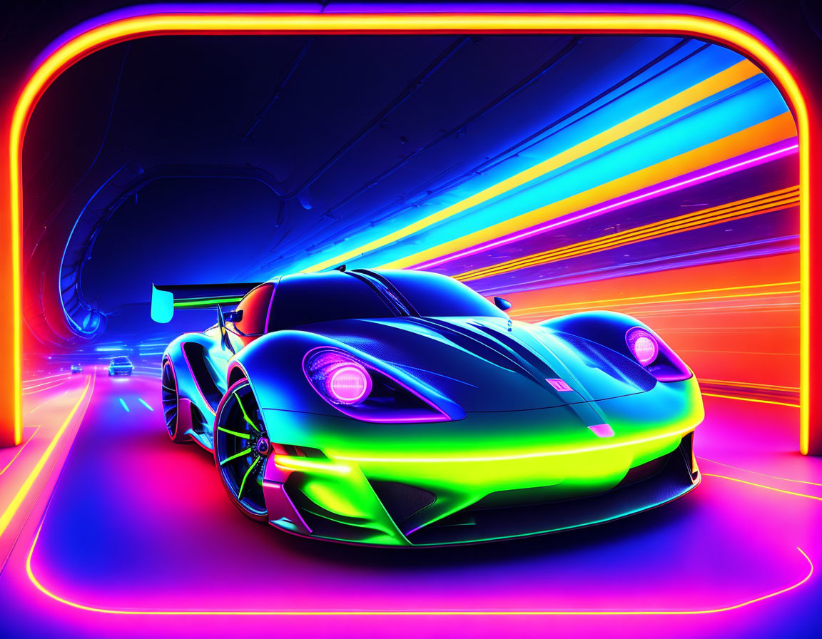 Futuristic tunnel with neon-outlined sports car and colorful lights