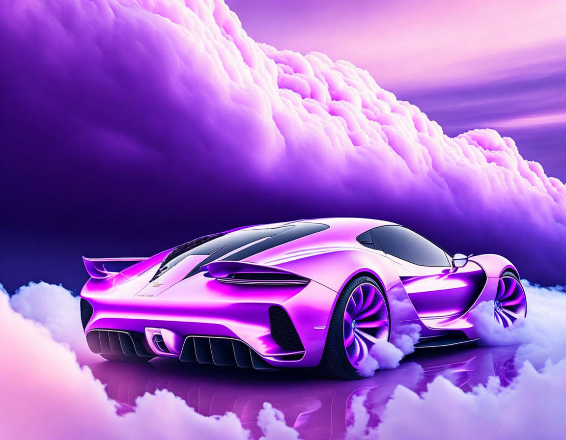 Sleek purple sports car against dramatic sky landscape