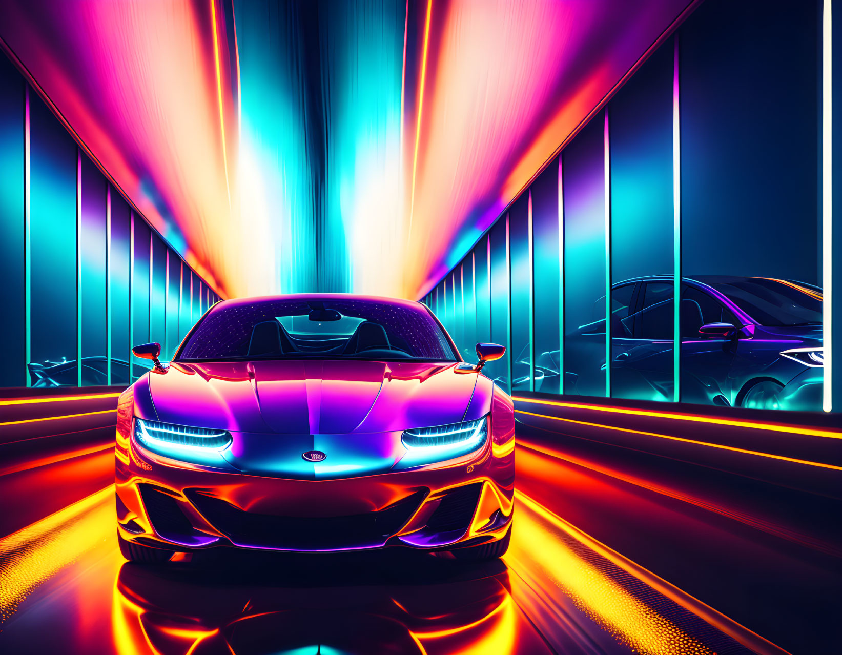 Colorful digital art of sports car with neon lights and dynamic streaks.