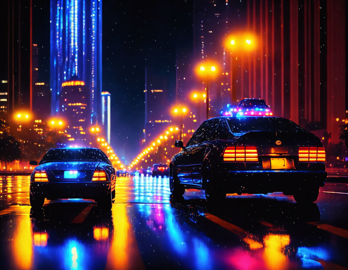 Police cars with flashing lights on wet city street at night.