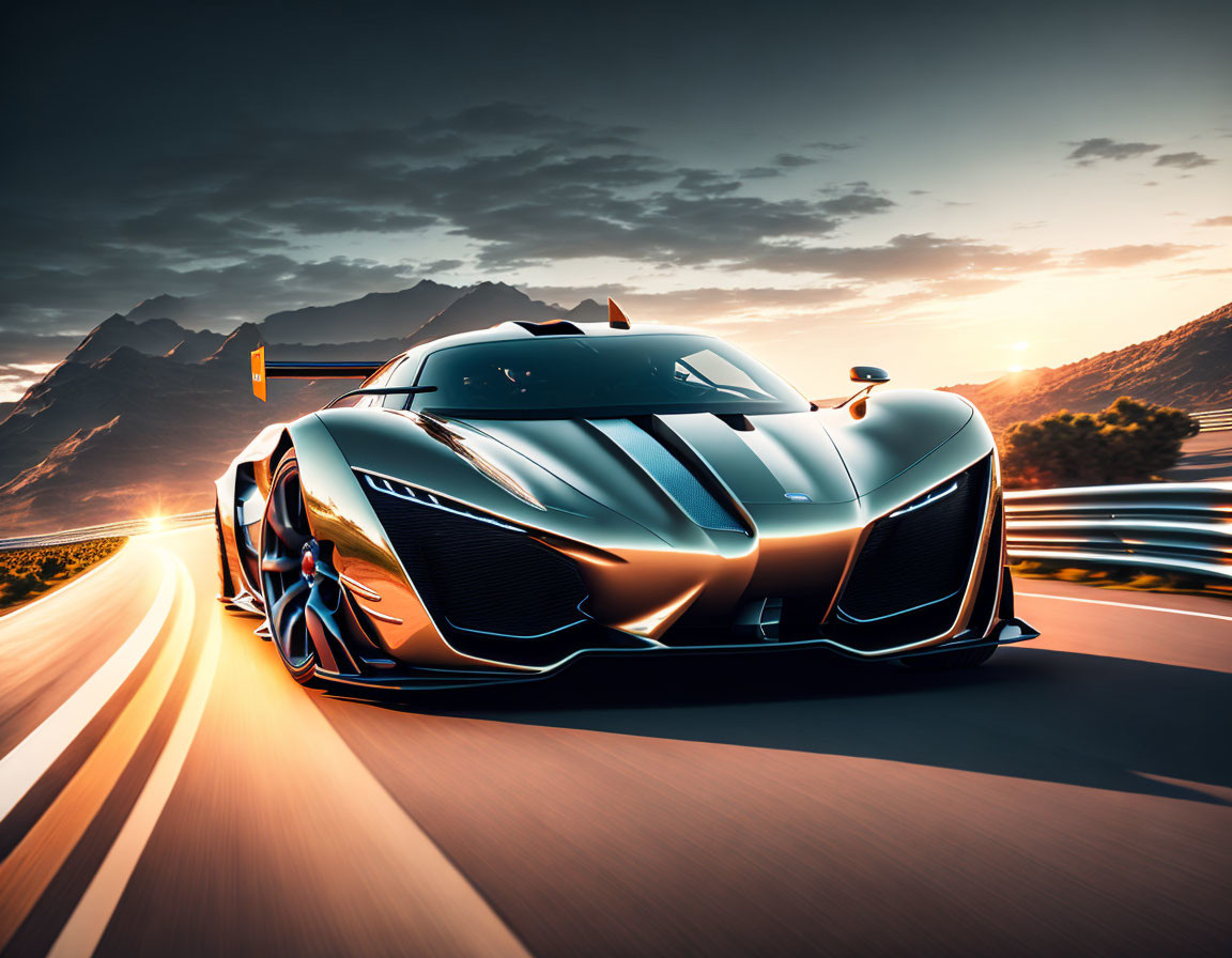 Dynamic design sports car speeds on open road at sunset