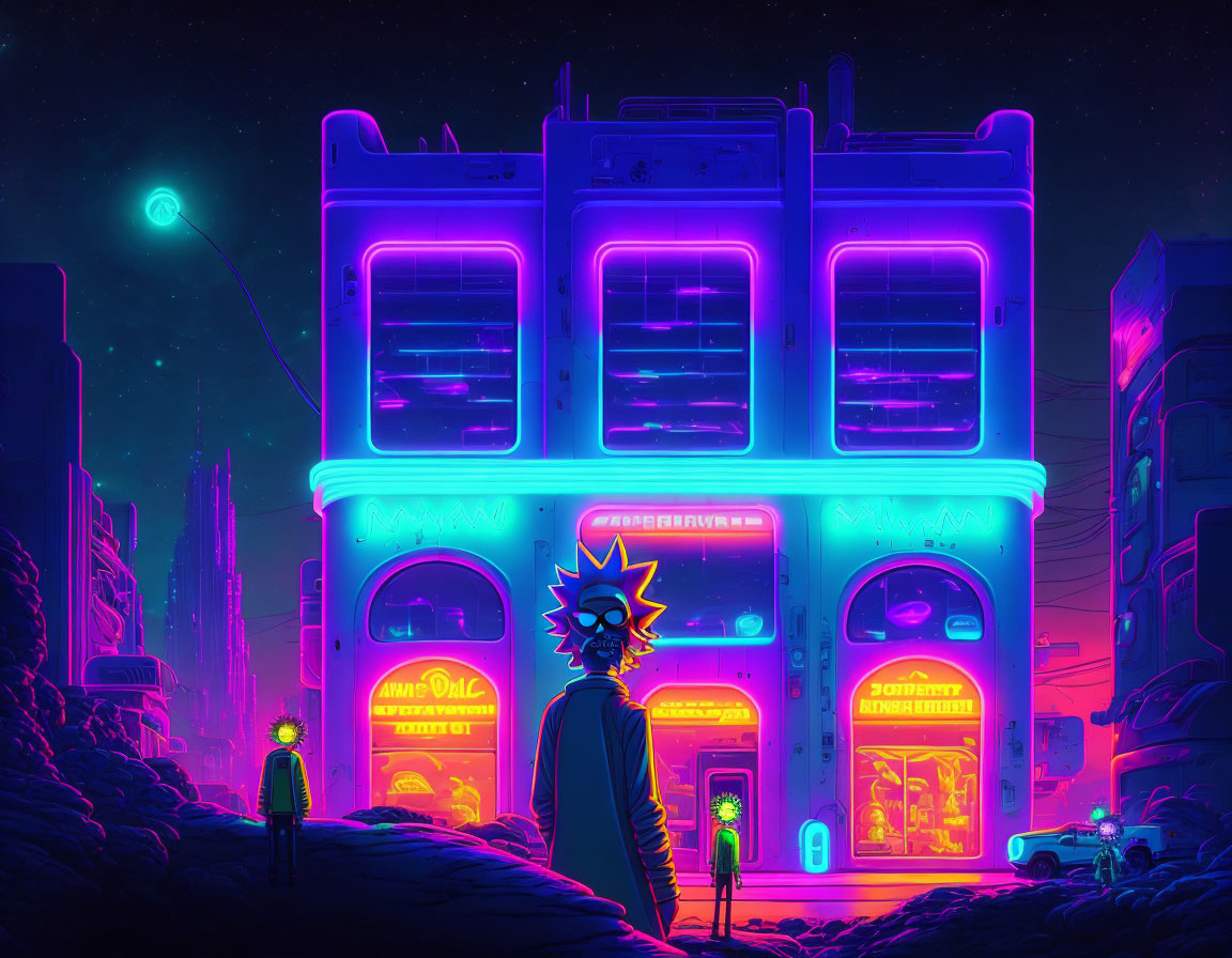 Neon-lit urban night scene with person and illuminated building