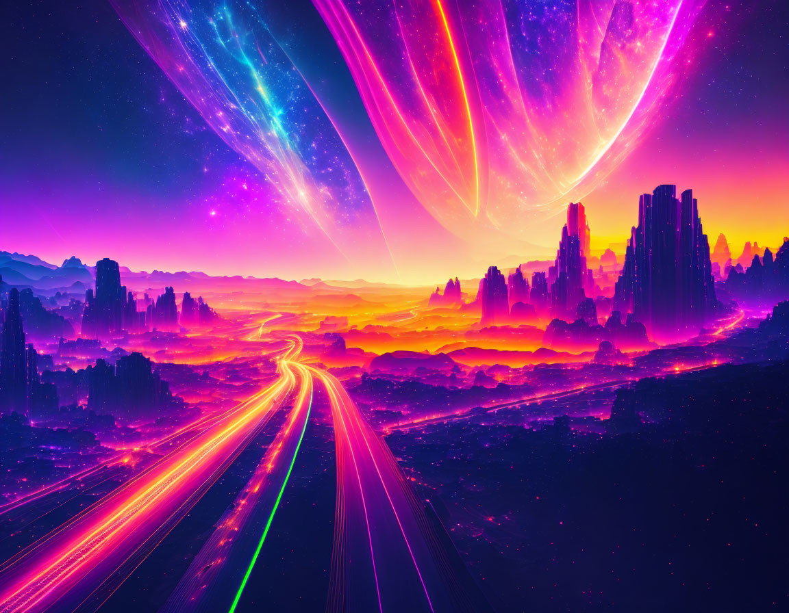 Colorful sci-fi landscape with neon roads and towering rock formations