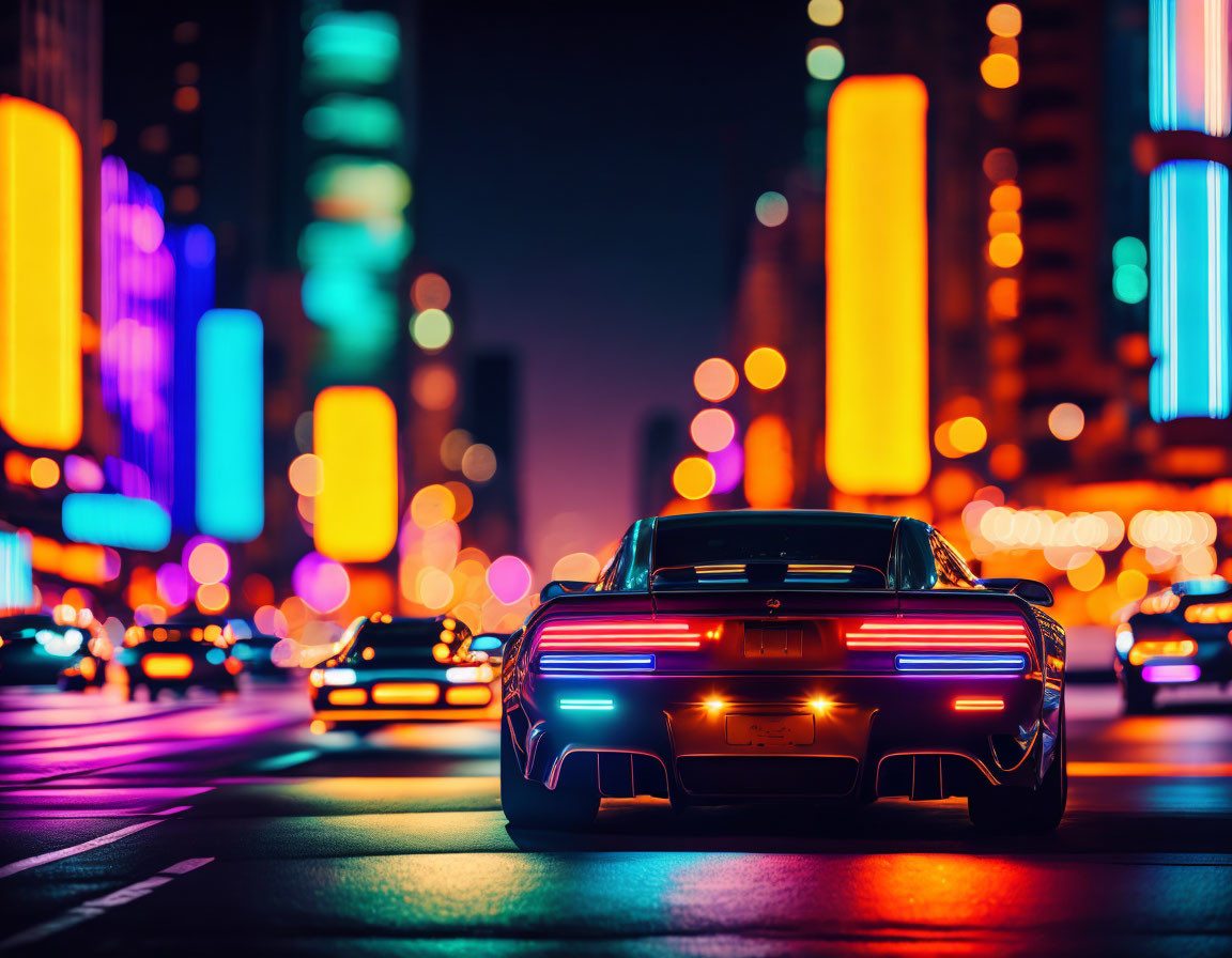 Glowing taillights on car in vibrant city night scene