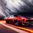 Vintage Red Sports Car with White Stripes and Flames in Stormy Sky