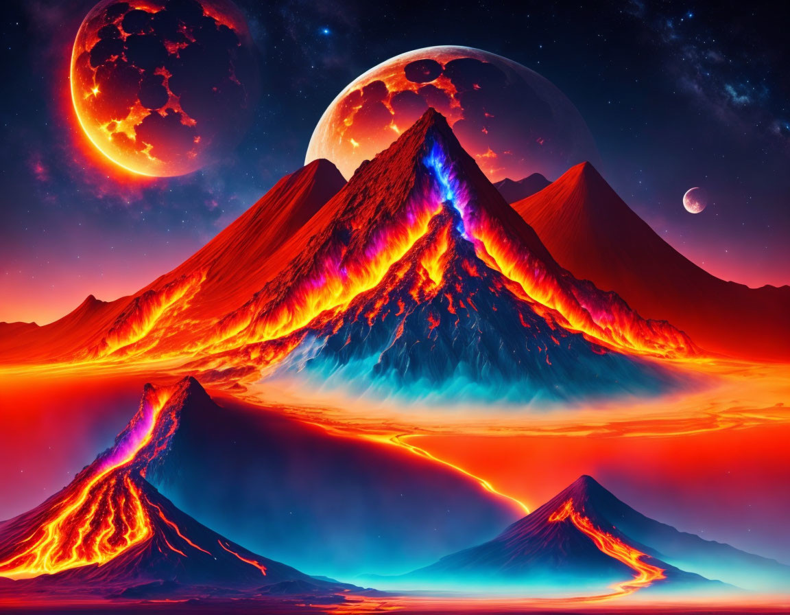 Fantastical landscape with erupting volcanoes and multiple moons