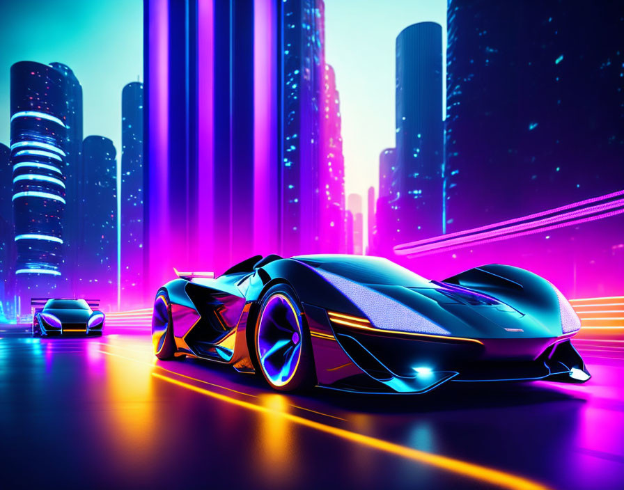 Neon underglow sports cars in cyberpunk cityscape