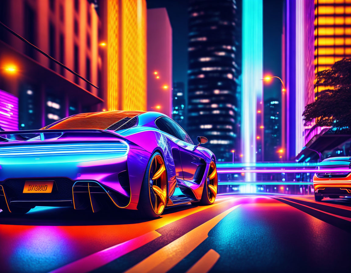 Futuristic sports car with glowing accents in neon-lit city at dusk