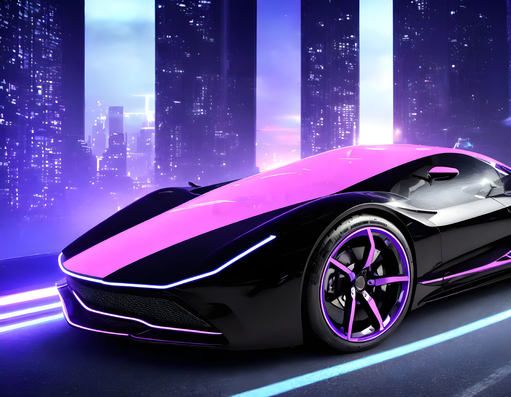 Black and Purple Sports Car with Neon Lights in Futuristic Night Cityscape