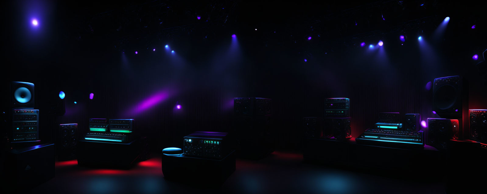 Dimly lit music studio with blue and purple stage lights, electronic equipment, and speakers.