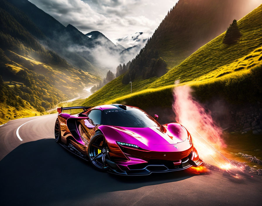 Purple sports car on mountain road at sunset with light trails and misty peaks