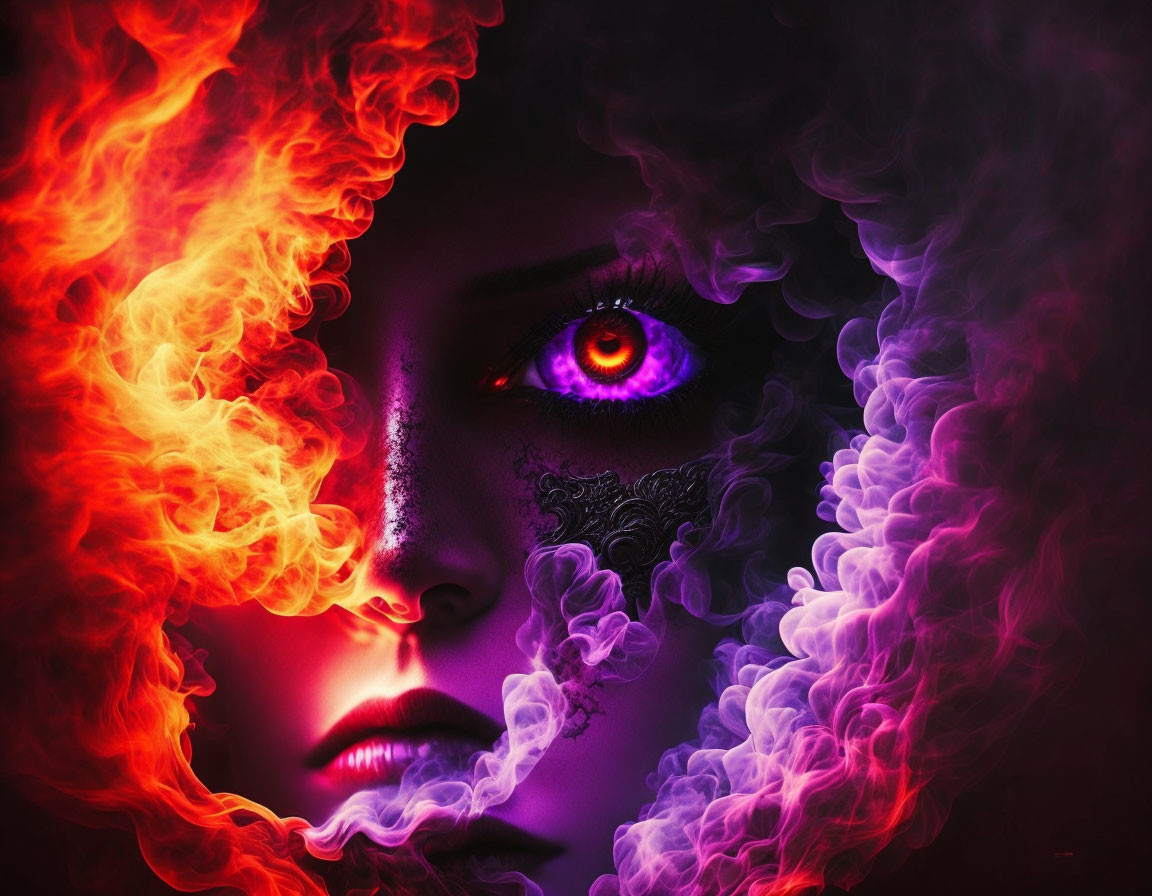 Colorful digital artwork of woman's face with glowing red eye and swirling smoke