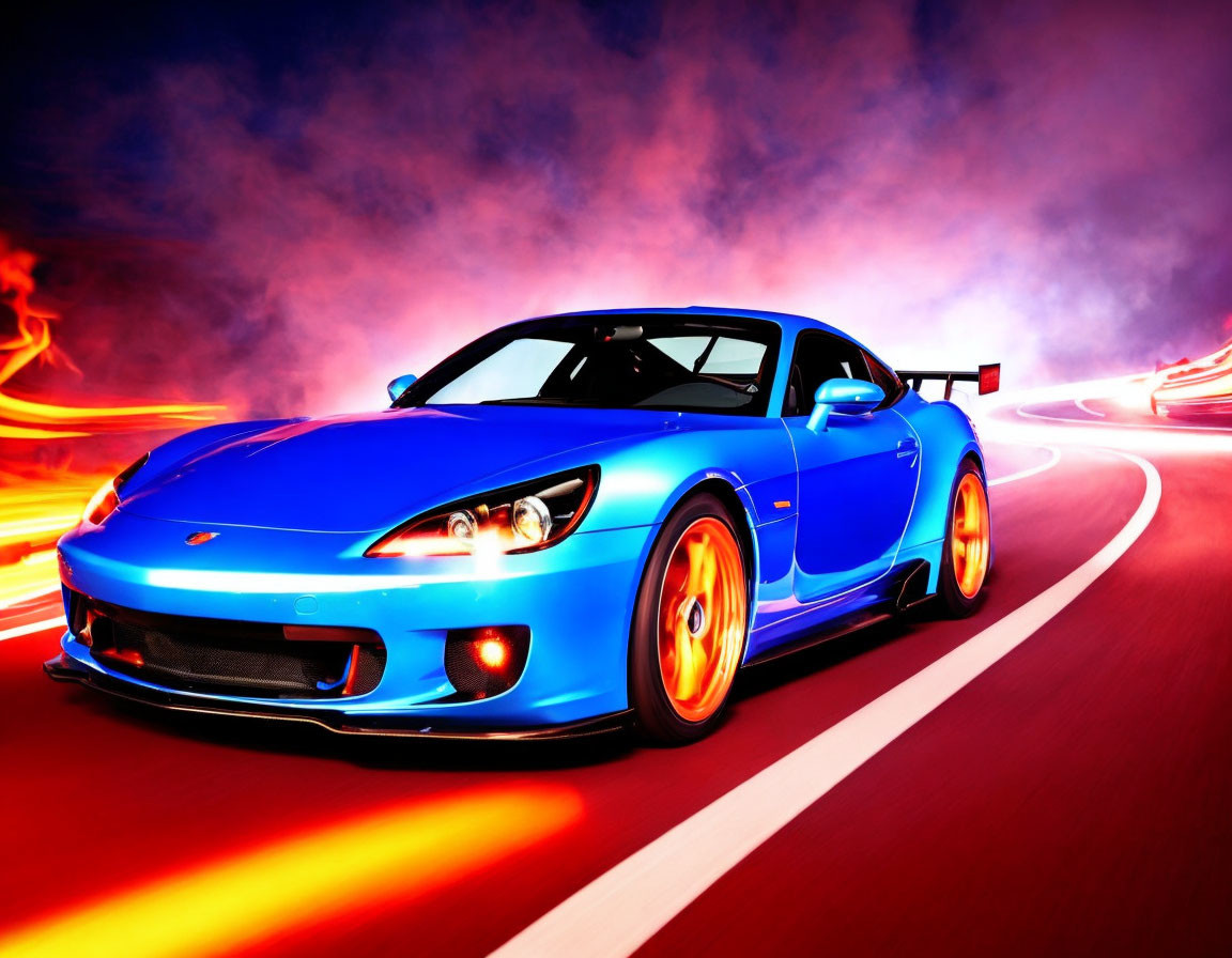 Vibrant blue sports car with glowing orange rims on racetrack with dynamic light trails