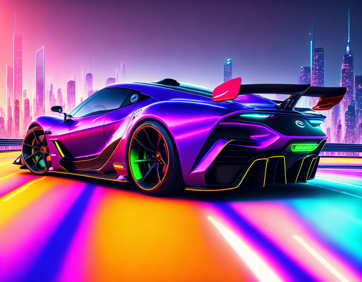 Purple sports car with green accents on neon-lit road in futuristic cityscape
