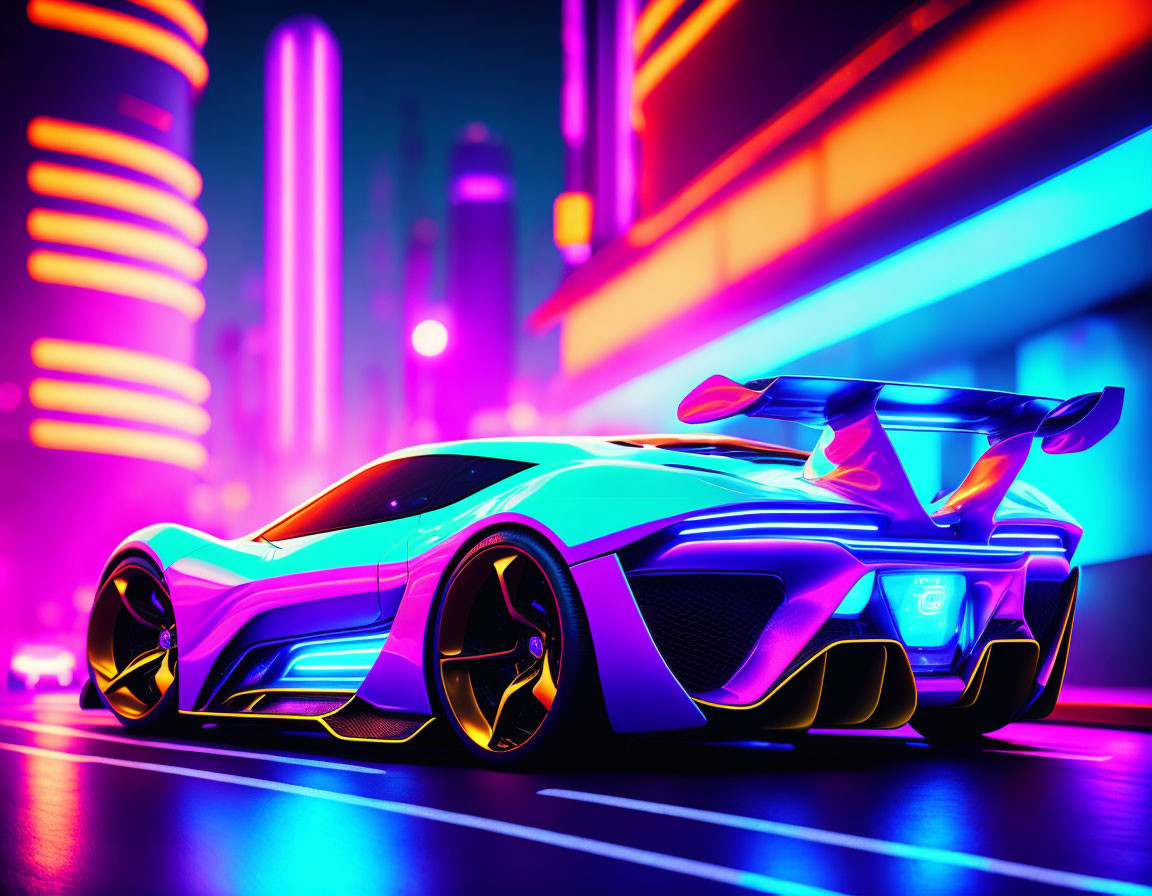 Futuristic supercar with neon accents on vibrant city street at night