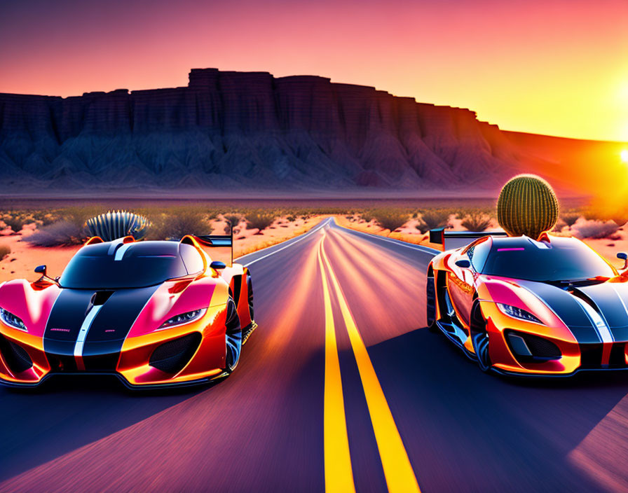 Futuristic cars race in desert sunset with cliffs and cacti