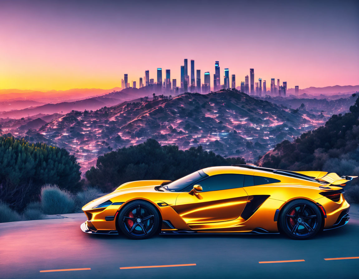 Vibrant yellow sports car at city skyline sunset