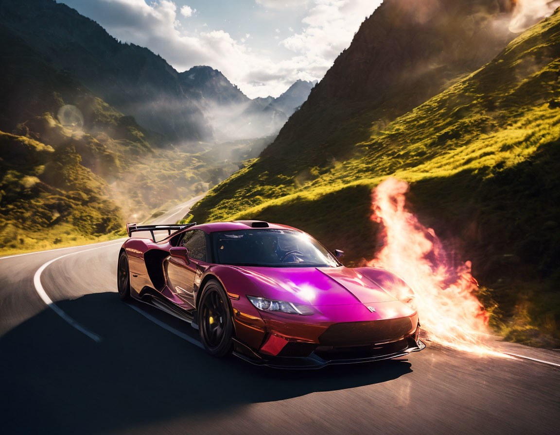 Purple sports car with rear spoiler emits flames on mountain road.