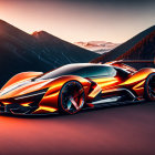 Orange Sports Car with Futuristic Design on Mountainous Road at Sunset
