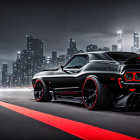 Black Classic Muscle Car with Glowing Headlights on Asphalt at Night