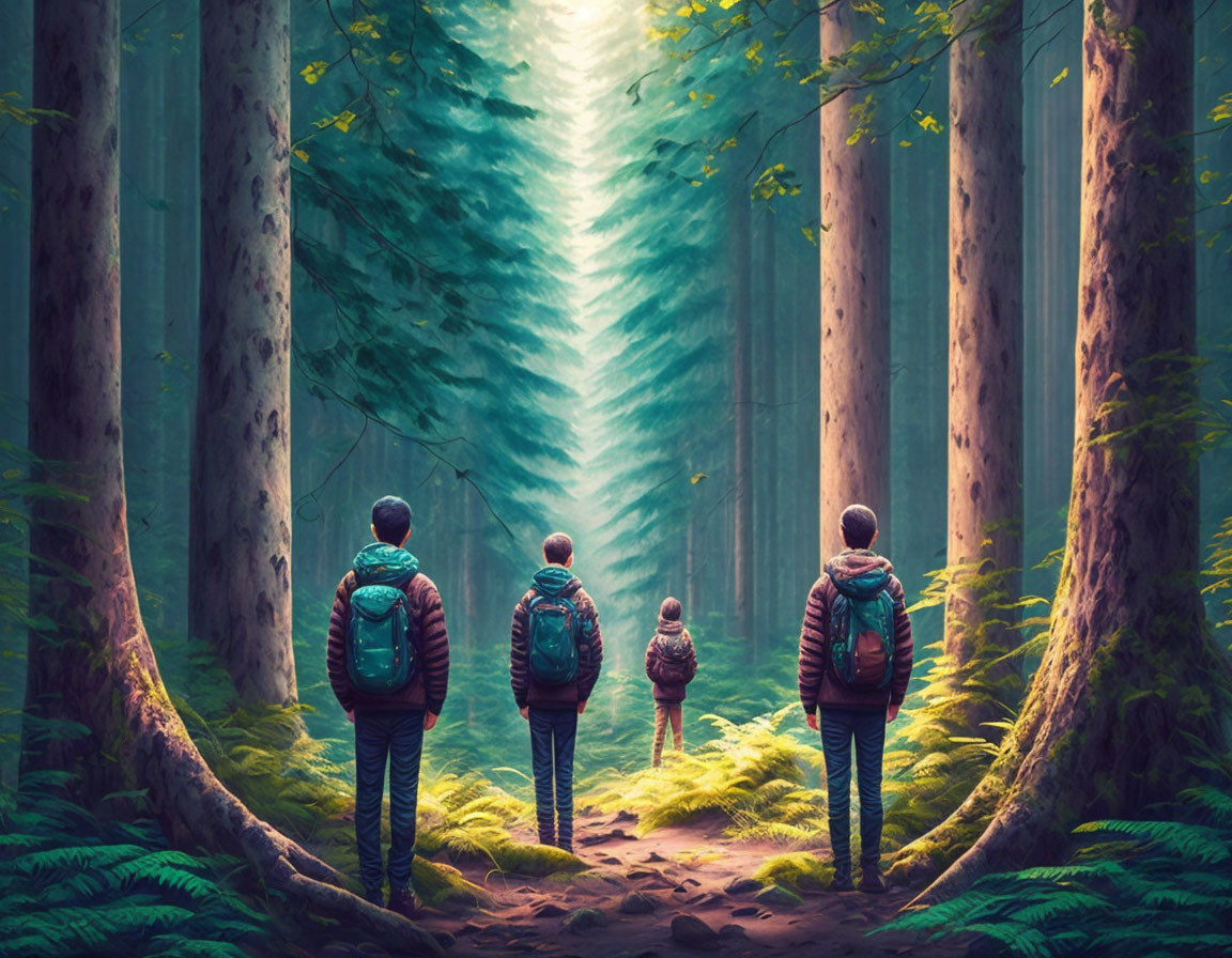 Four individuals with backpacks at forest edge under sunlight