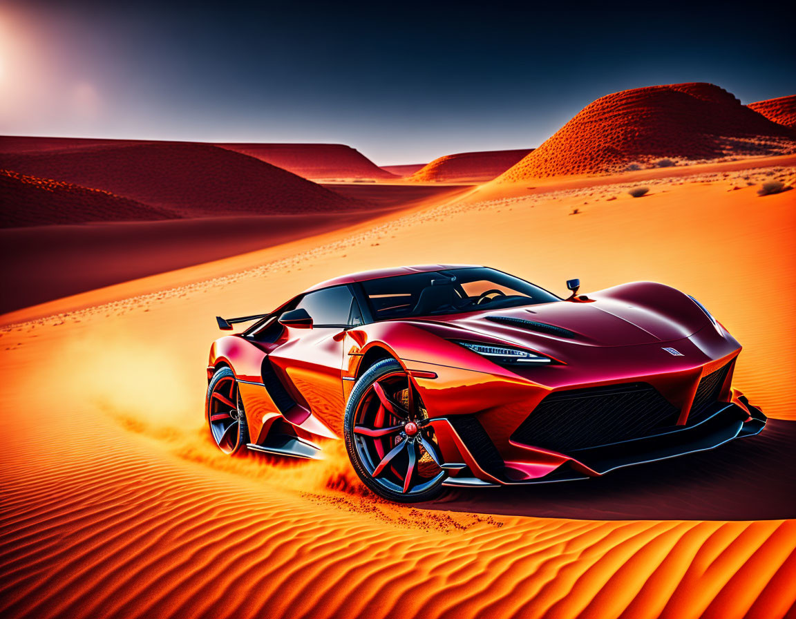 Vibrant red sports car in desert with sand dunes at sunset